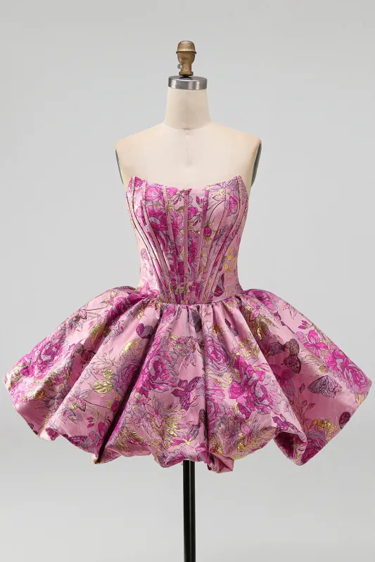 Red A-Line Floral Jacquard Corset Bubble Hem Short Homecoming Dress made by Zapaka