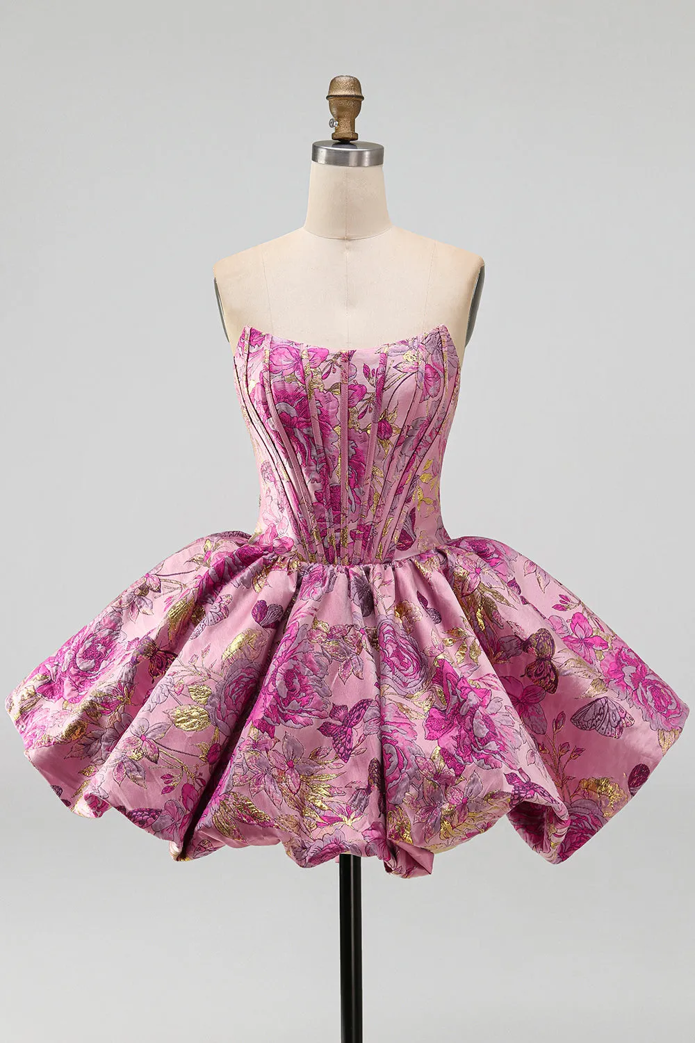 Red A-Line Floral Jacquard Corset Bubble Hem Short Homecoming Dress sold by Zapaka