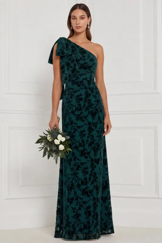 Dark Green Sheath One Shoulder Burnout Velvet Long Bridesmaid Dress with Bow made by Zapaka