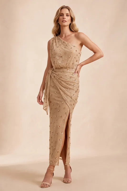Champagne One Shoulder Beaded Rhinestone Sheath Long Wedding Guest Dress with Sash made by Zapaka