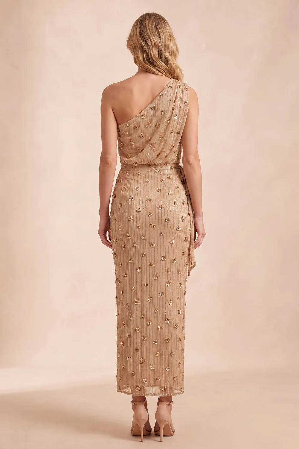 Champagne One Shoulder Beaded Rhinestone Sheath Long Wedding Guest Dress with Sash sold by Zapaka product image thumbnail 2