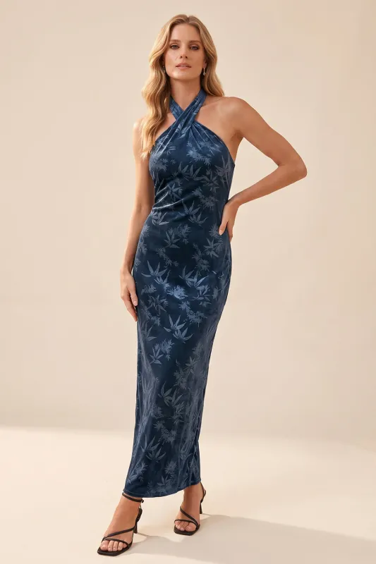 Navy Sheath Halter Velvet Long Wedding Guest Dress made by Zapaka