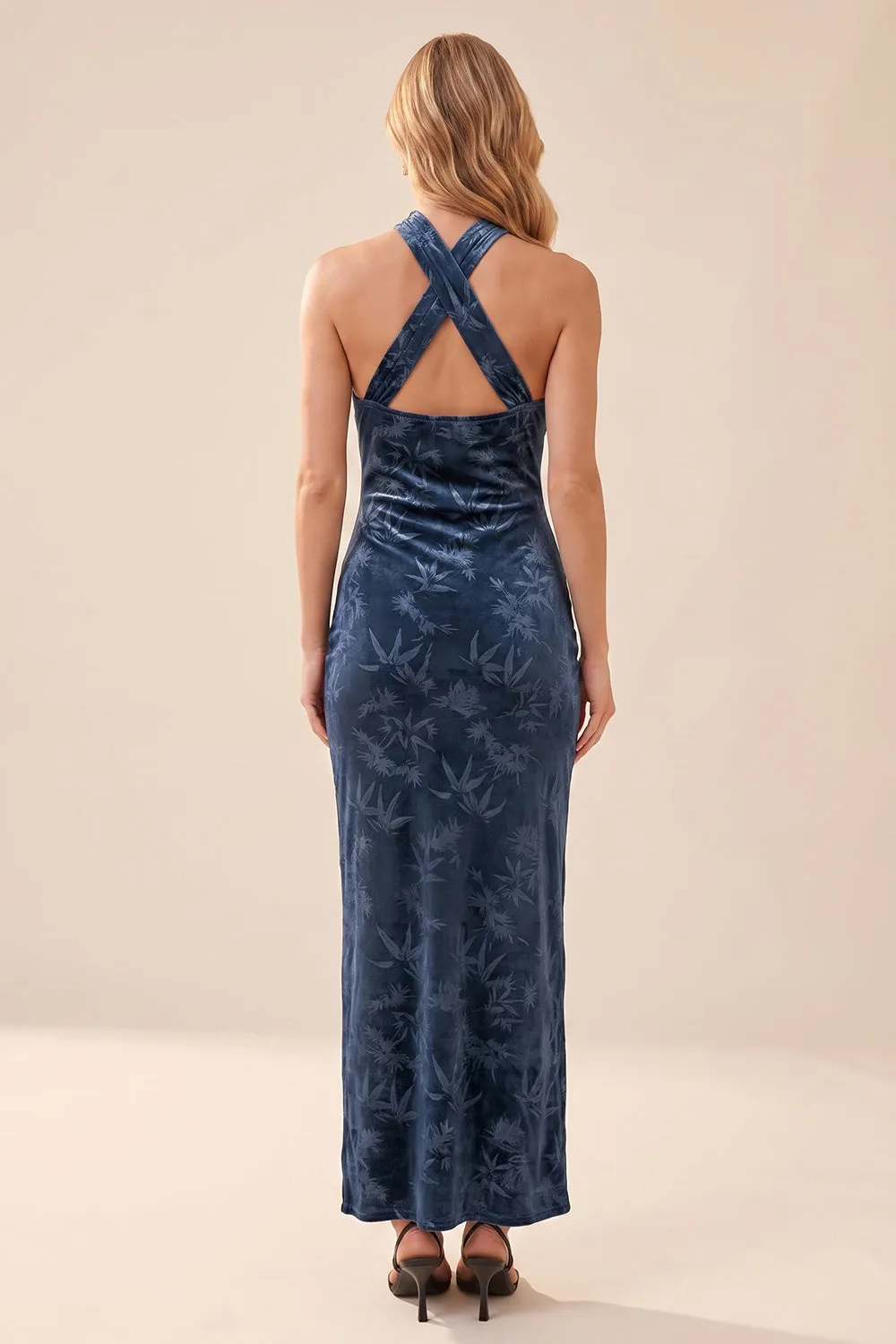 Navy Sheath Halter Velvet Maxi Dress sold by Zapaka product image thumbnail 2