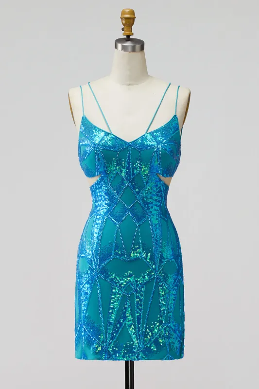 Turquoise Sequins Cut Out Spaghetti Straps Bodycon Short Homecoming Dress made by Zapaka