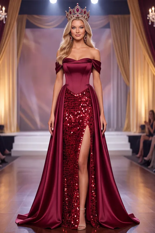 Burgundy Corset Off the Shoulder Sheath Maxi Pageant Dress with Slit made by Zapaka