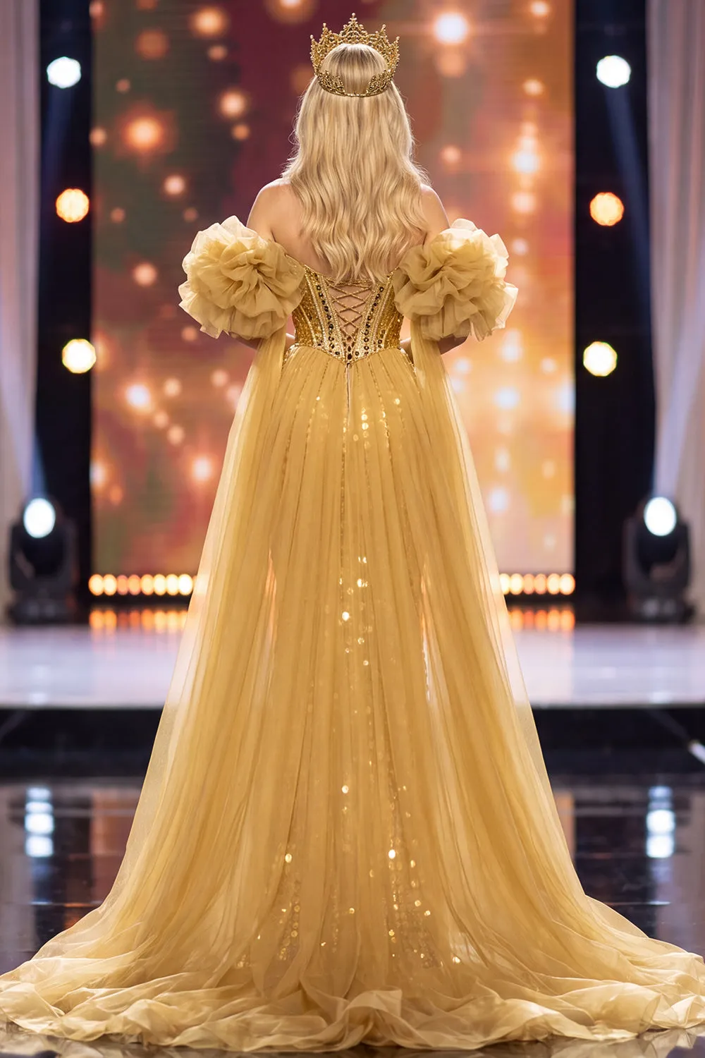 Golden Mermaid Off the Shoulder Puff Sleeves Sequins Maxi Pageant Dress with Cape sold by Zapaka product image thumbnail 2