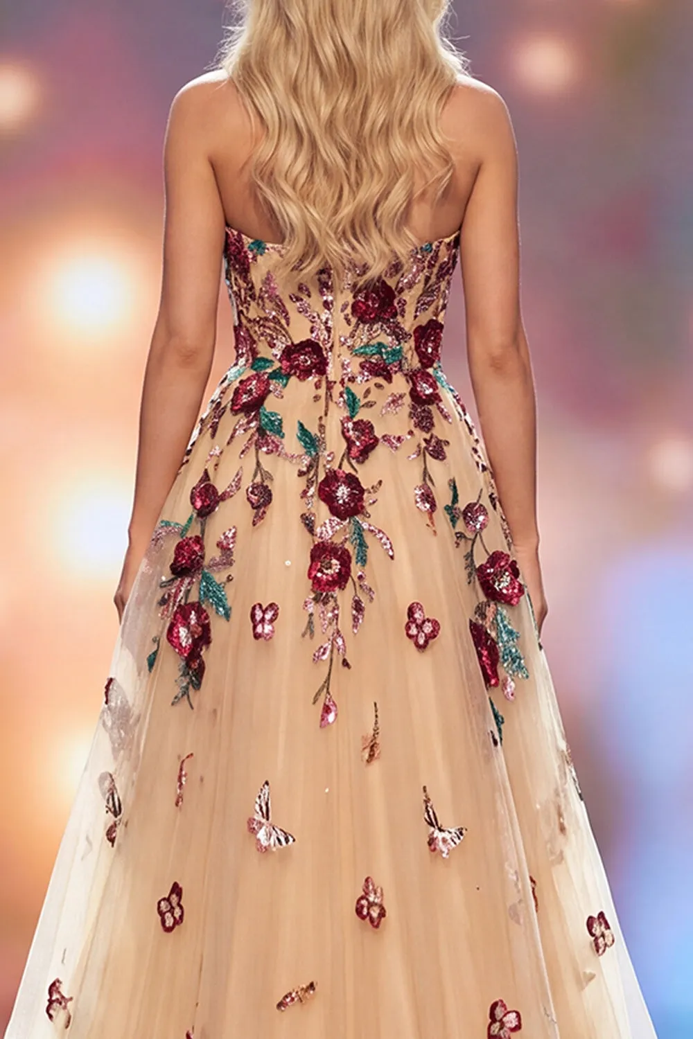 Champagne A-Line Sequins 3D Floral Appliques Maxi Pageant Dress with Side Slit sold by Zapaka product image thumbnail 4