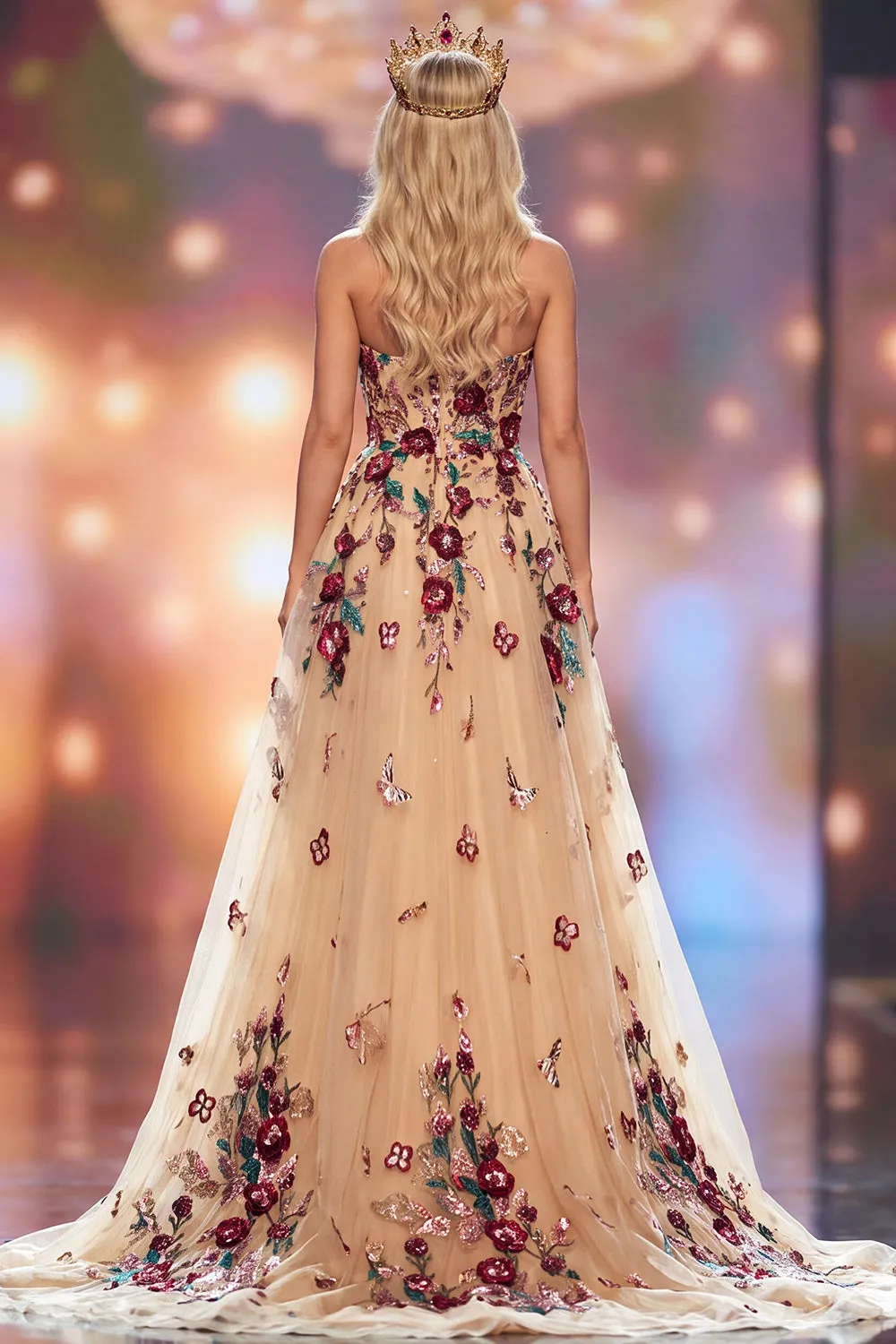 Champagne A-Line Sequins 3D Floral Appliques Maxi Pageant Dress with Side Slit sold by Zapaka product image thumbnail 2