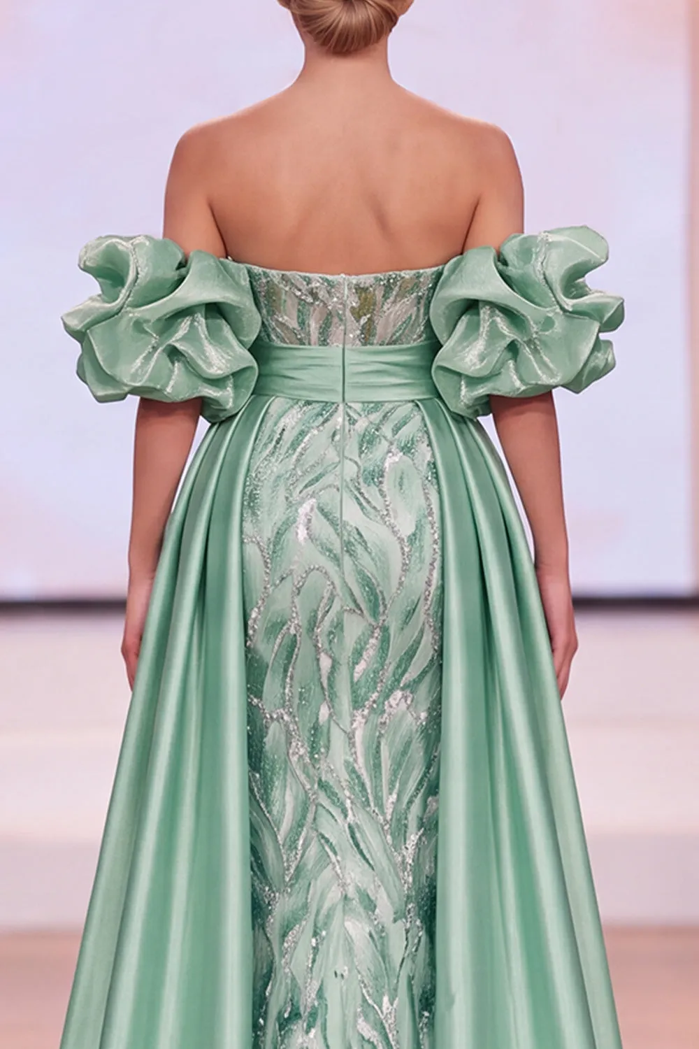 Green Sheath Off the Shoulder Puff Sleeves Ruched Maxi Pageant Dress with Side Slit sold by Zapaka product image thumbnail 4