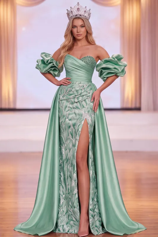 Green Sheath Off the Shoulder Puff Sleeves Ruched Maxi Pageant Dress with Side Slit made by Zapaka
