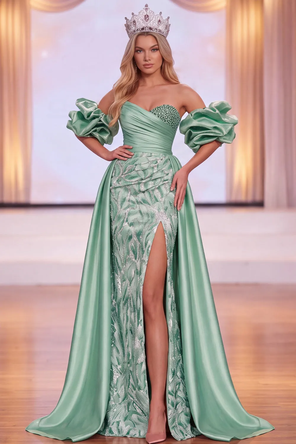 Green Sheath Off the Shoulder Puff Sleeves Ruched Maxi Pageant Dress with Side Slit sold by Zapaka