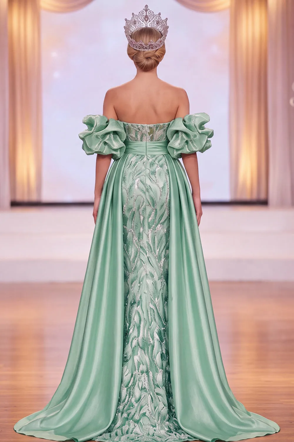 Green Sheath Off the Shoulder Puff Sleeves Ruched Maxi Pageant Dress with Side Slit sold by Zapaka product image thumbnail 2