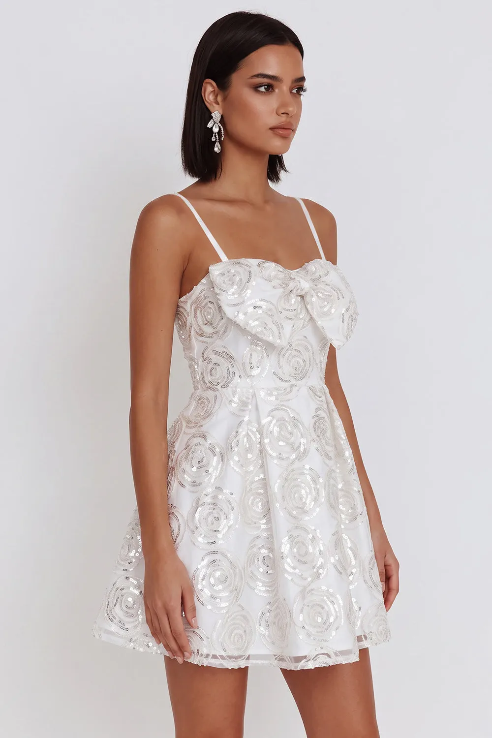 White Sequins A-Line Ruched Spaghetti Straps Short Cocktail Dress with Bow sold by Zapaka product image thumbnail 3