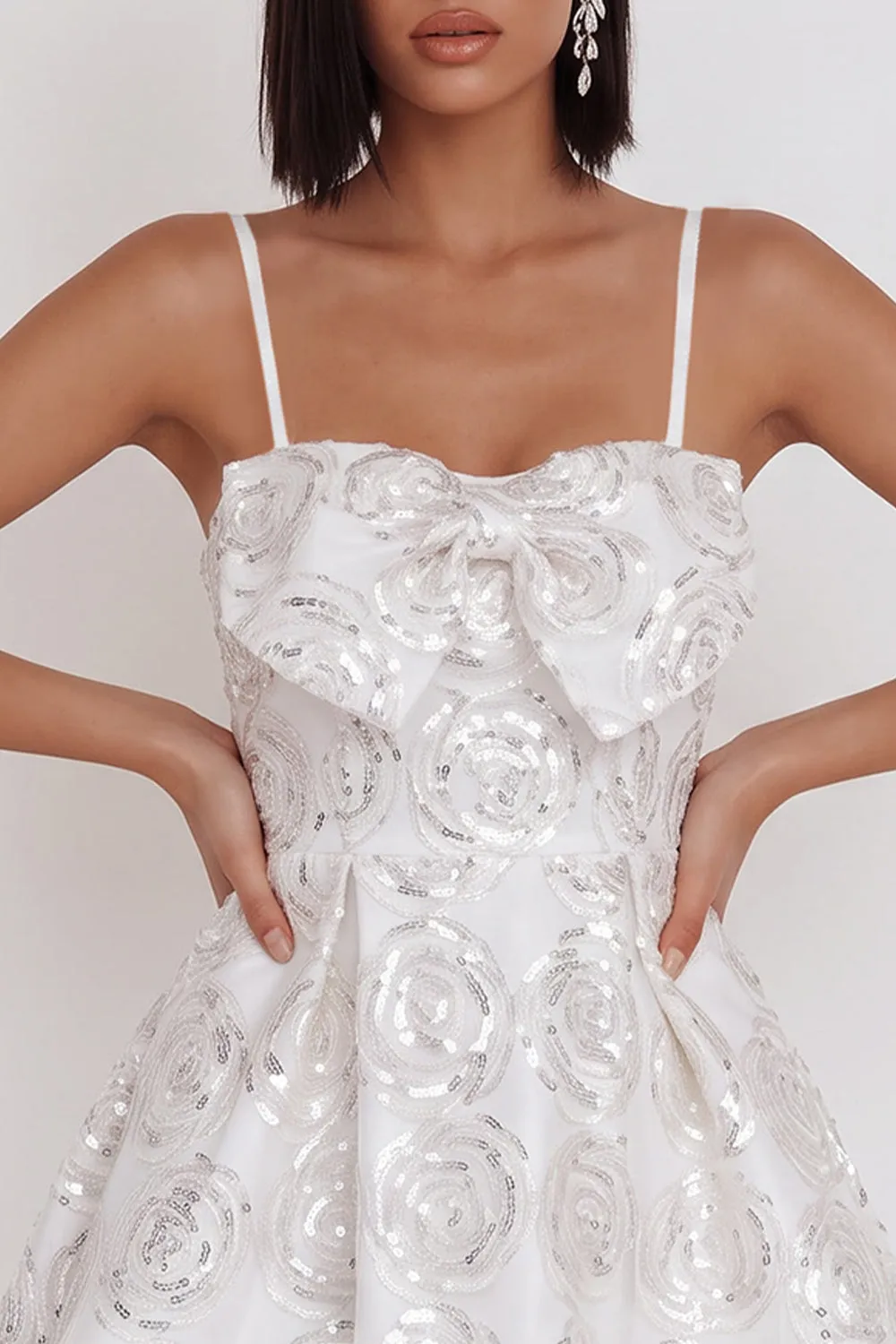 White Sequins A-Line Ruched Spaghetti Straps Short Cocktail Dress with Bow sold by Zapaka product image thumbnail 4