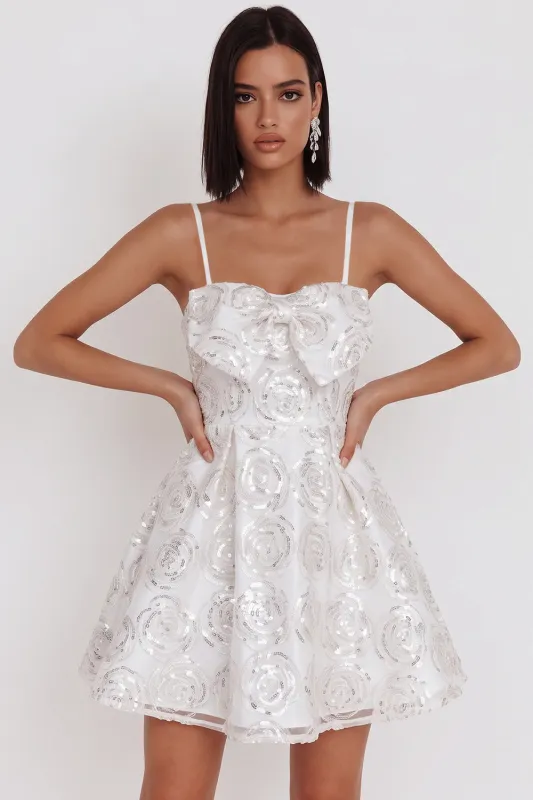 White Sequins A-Line Ruched Spaghetti Straps Short Cocktail Dress with Bow made by Zapaka