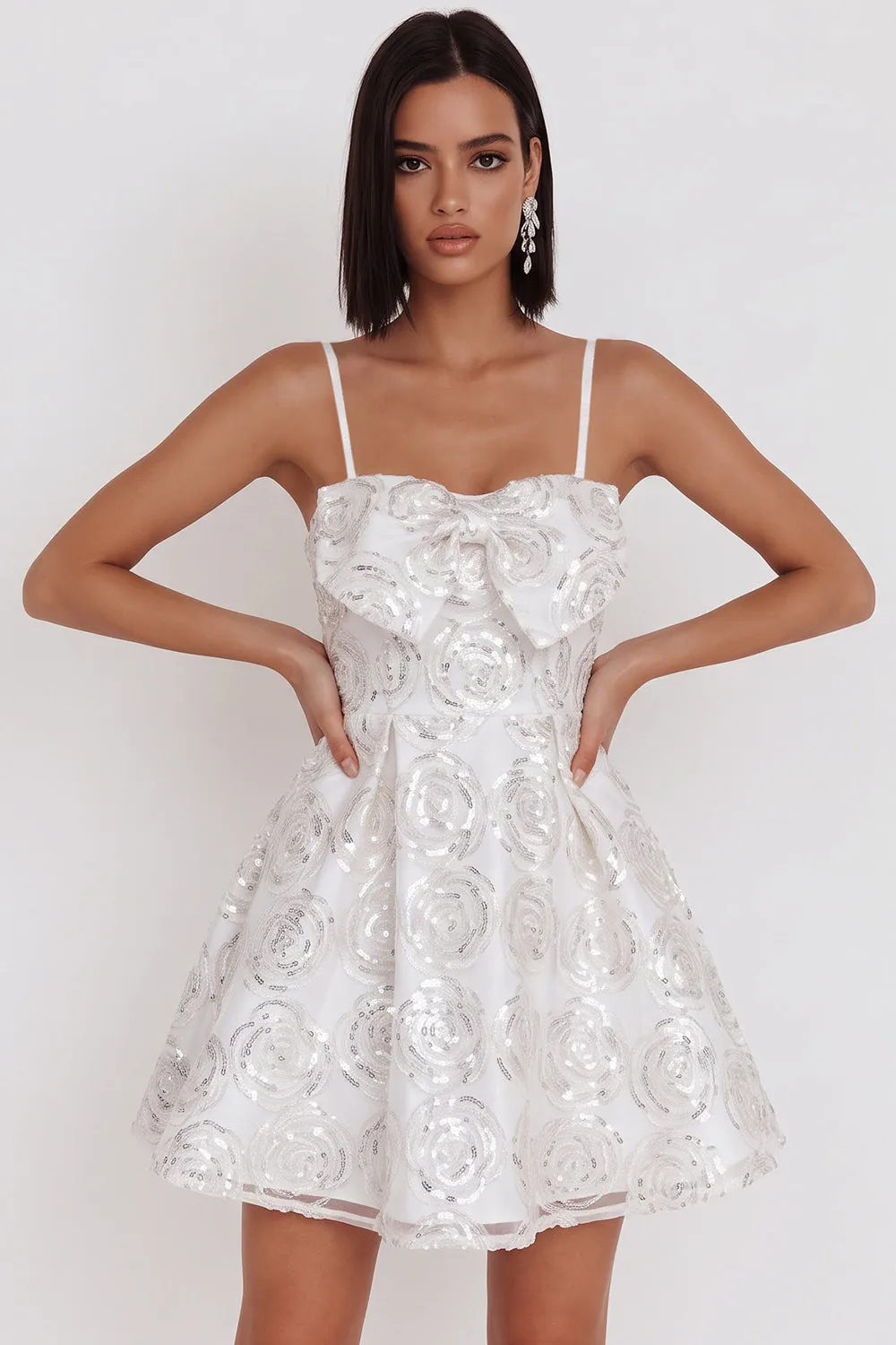 White Sequins A-Line Ruched Spaghetti Straps Short Cocktail Dress with Bow sold by Zapaka