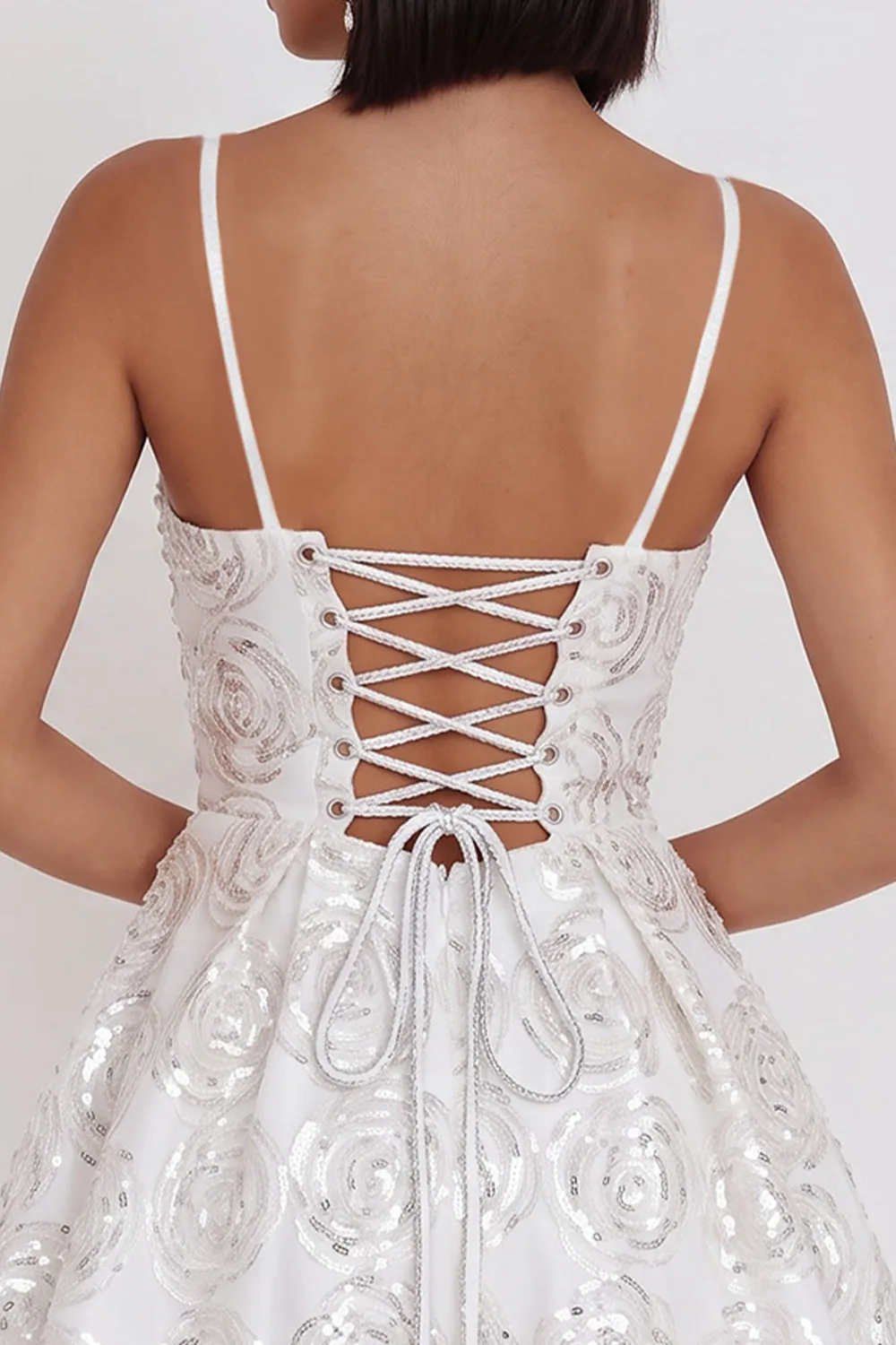 White Sequins A-Line Ruched Spaghetti Straps Short Cocktail Dress with Bow sold by Zapaka product image thumbnail 5