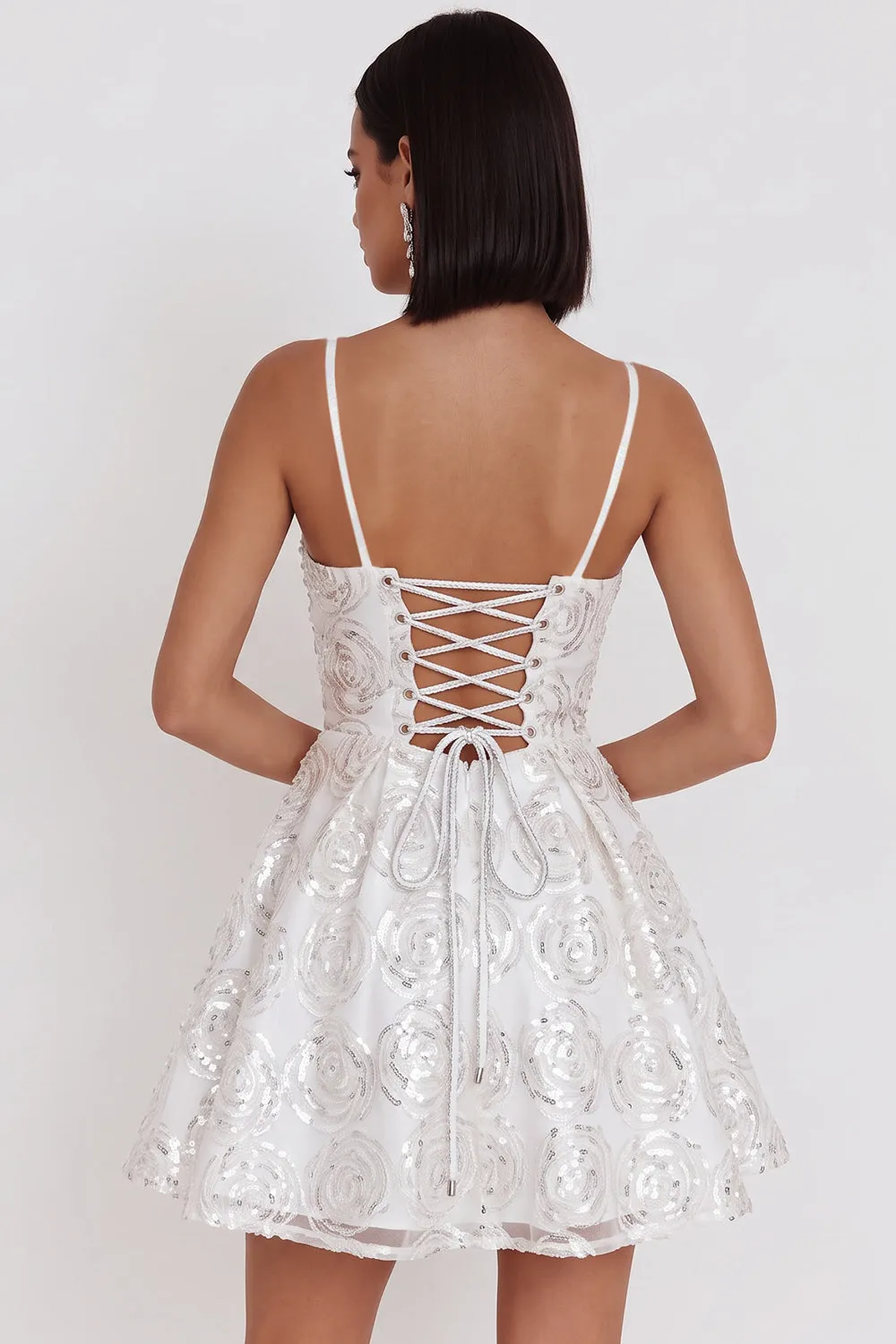 White Sequins A-Line Ruched Spaghetti Straps Short Cocktail Dress with Bow sold by Zapaka product image thumbnail 2
