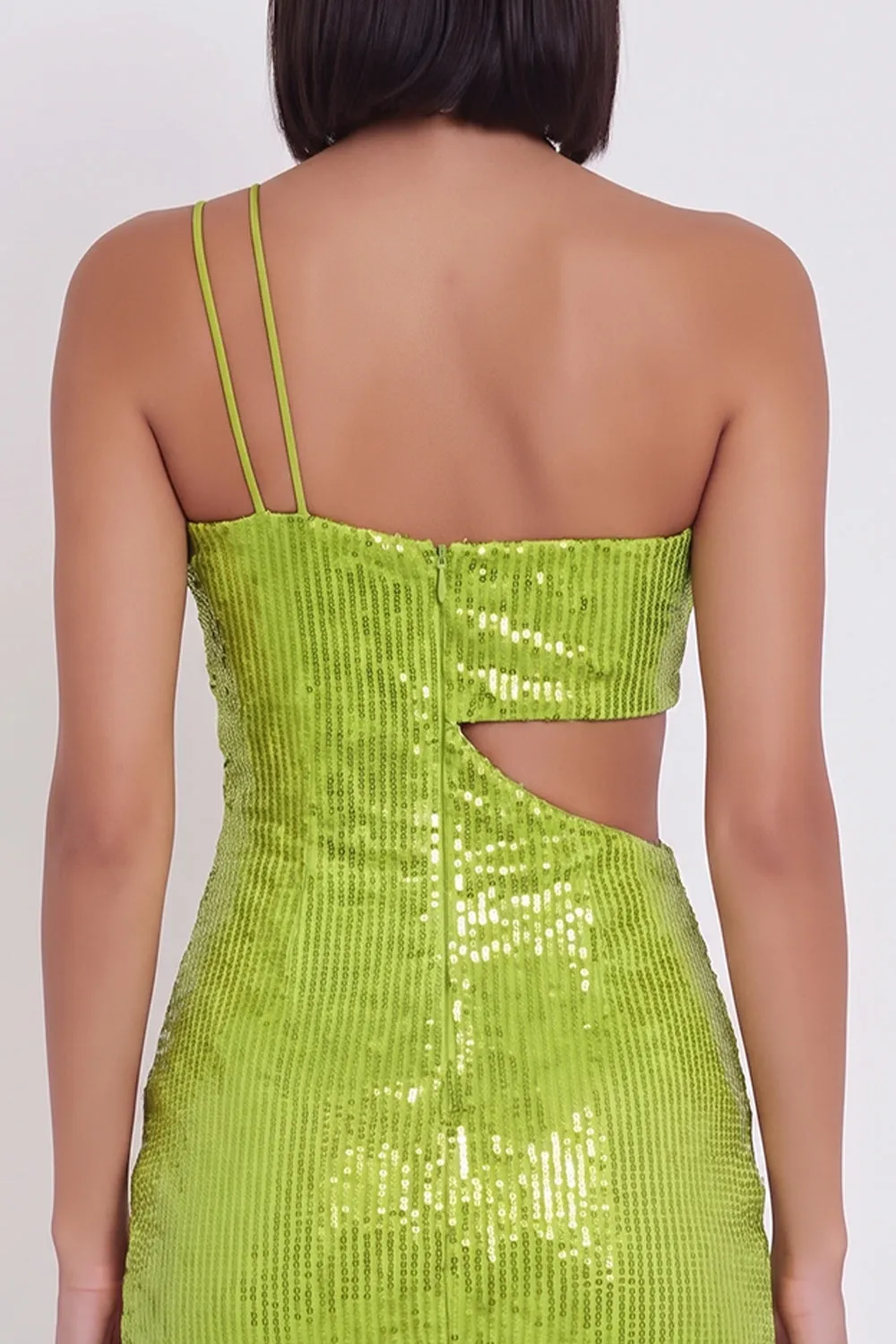 Yellow Green One Shoulder Cut Out Bodycon Sequins Short Cocktail Dress sold by Zapaka product image thumbnail 4