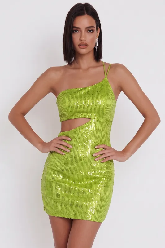 Yellow Green One Shoulder Cut Out Bodycon Sequins Short Cocktail Dress made by Zapaka