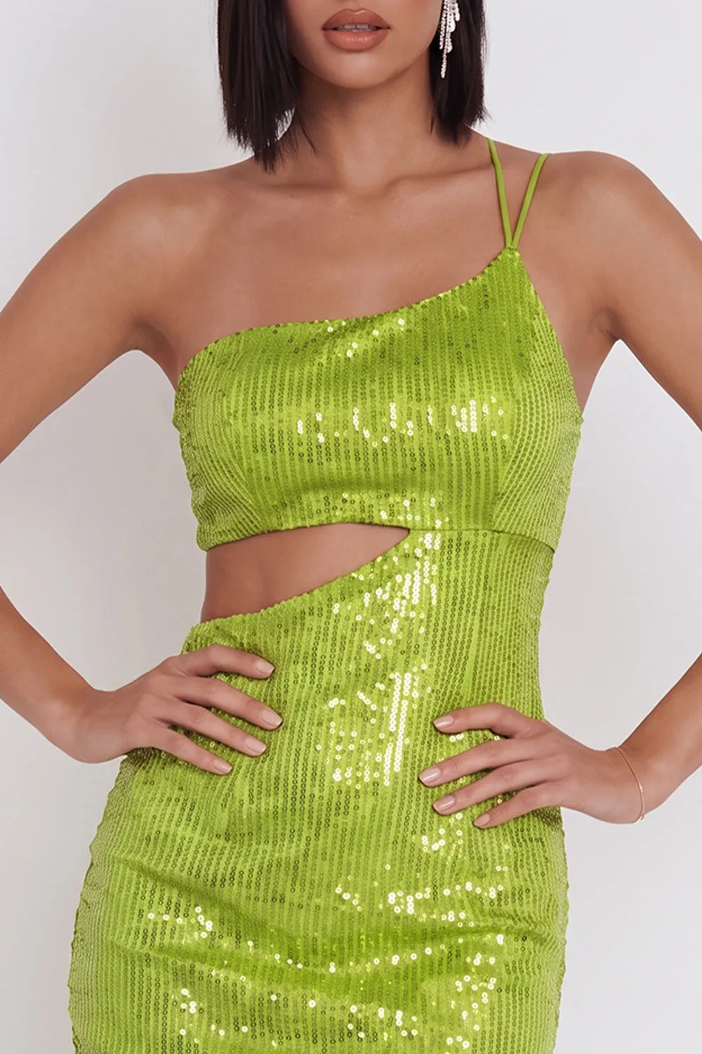 Yellow Green One Shoulder Cut Out Bodycon Sequins Short Cocktail Dress sold by Zapaka product image thumbnail 3