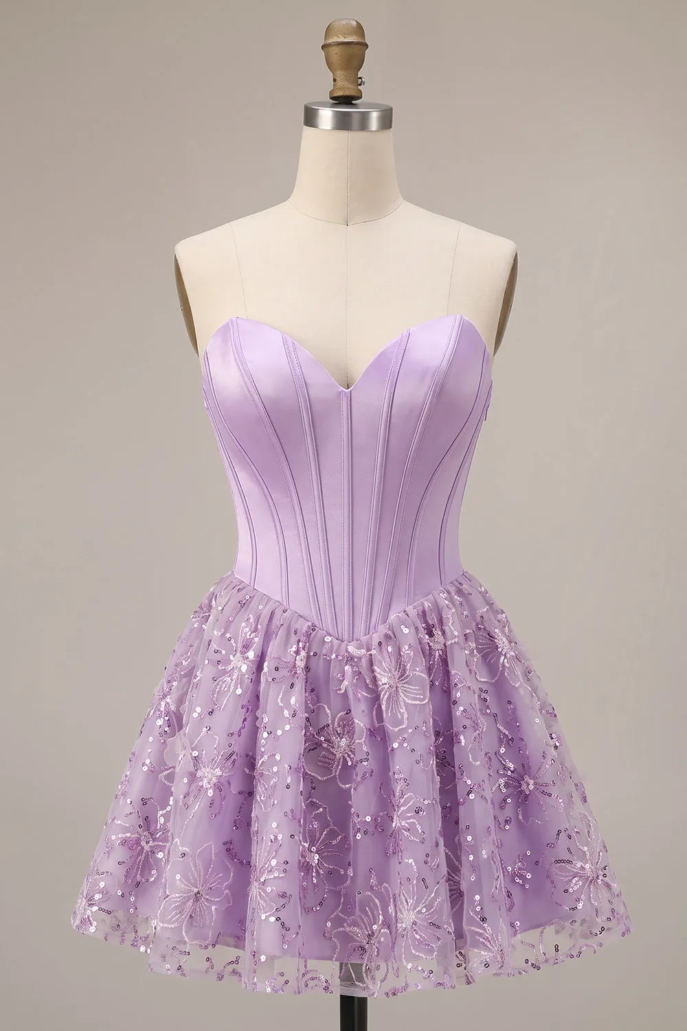 Lilac Corset Sequins Appliques Satin A-Line Strapless Short Homecoming Dress sold by Zapaka product image thumbnail 5
