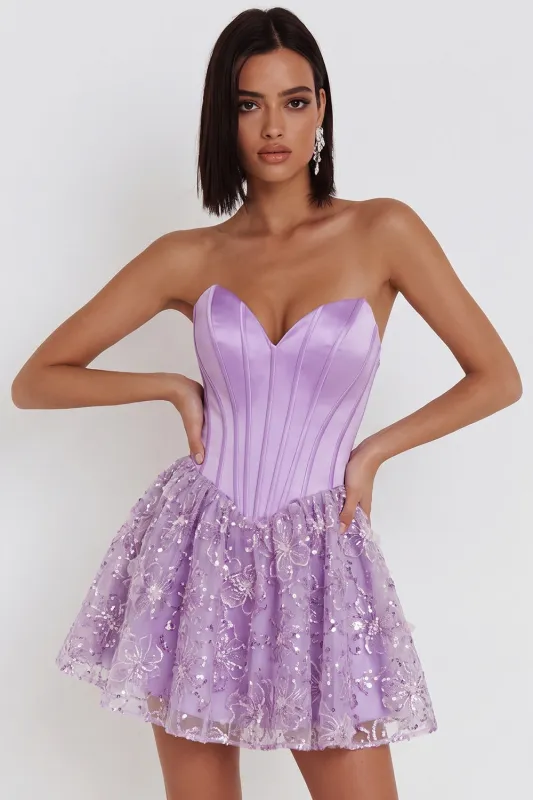 Lilac Corset Sequins Appliques Satin A-Line Strapless Short Homecoming Dress made by Zapaka