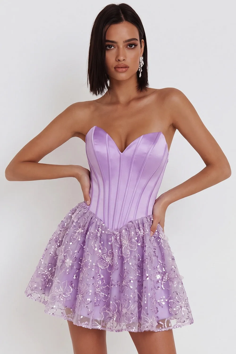 Lilac Corset Sequins Appliques Satin A-Line Strapless Short Homecoming Dress sold by Zapaka