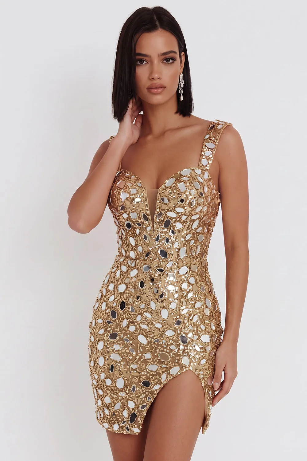 Gold Mirror Sequins Tulle Bodycon Thick Straps Short Homecoming Dress with Side Slit sold by Zapaka product image thumbnail 3