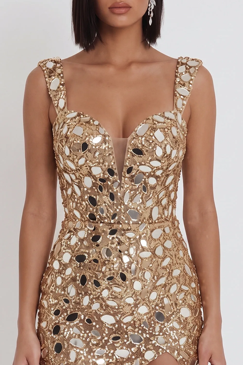 Gold Mirror Sequins Tulle Bodycon Thick Straps Short Homecoming Dress with Side Slit sold by Zapaka product image thumbnail 4