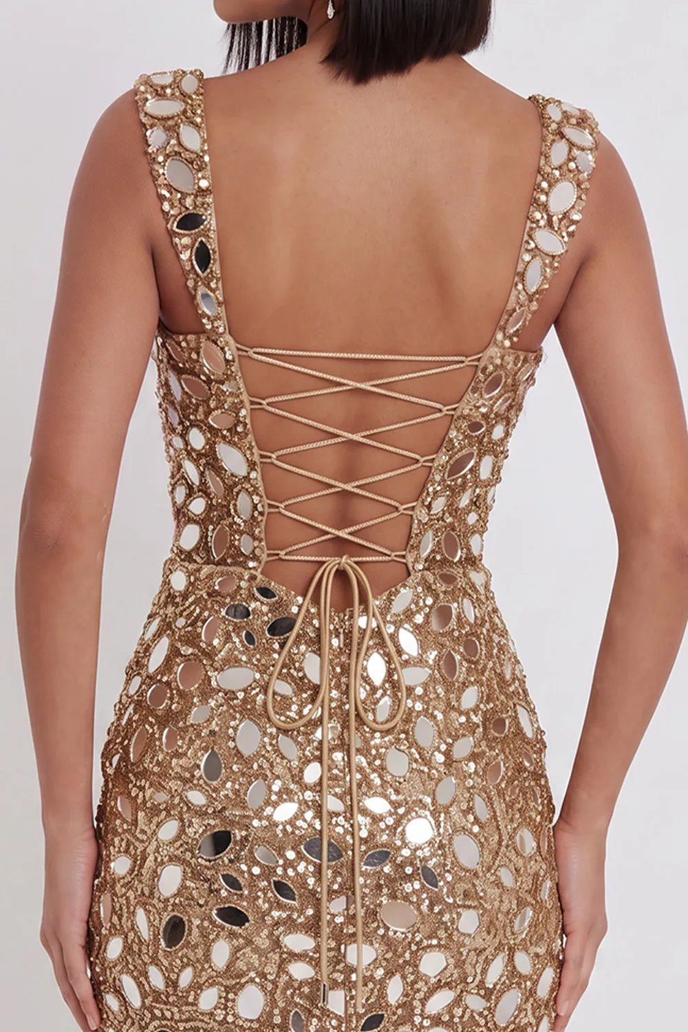 Gold Mirror Sequins Tulle Bodycon Thick Straps Short Homecoming Dress with Side Slit sold by Zapaka product image thumbnail 5