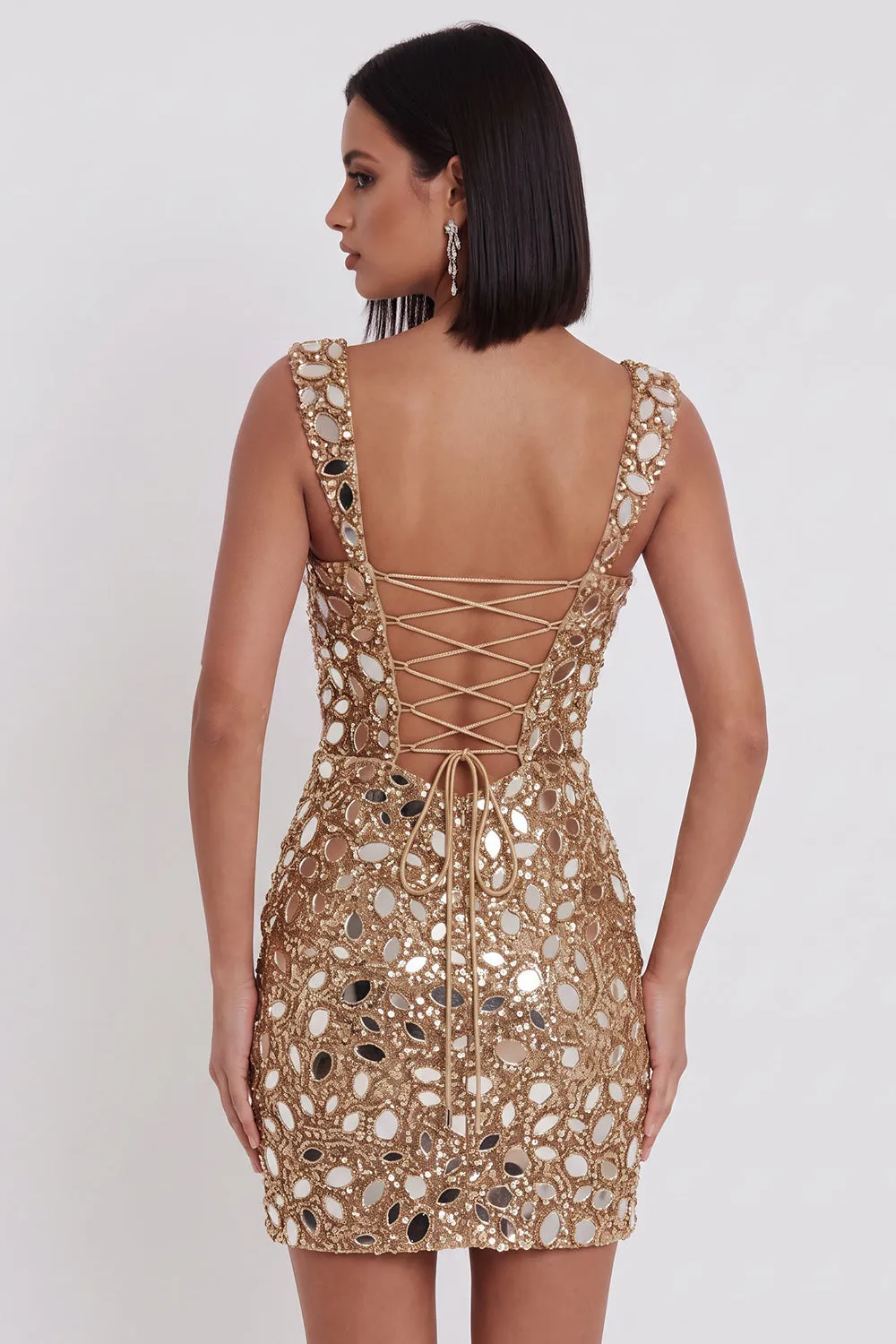 Gold Mirror Sequins Tulle Bodycon Thick Straps Short Homecoming Dress with Side Slit sold by Zapaka product image thumbnail 2