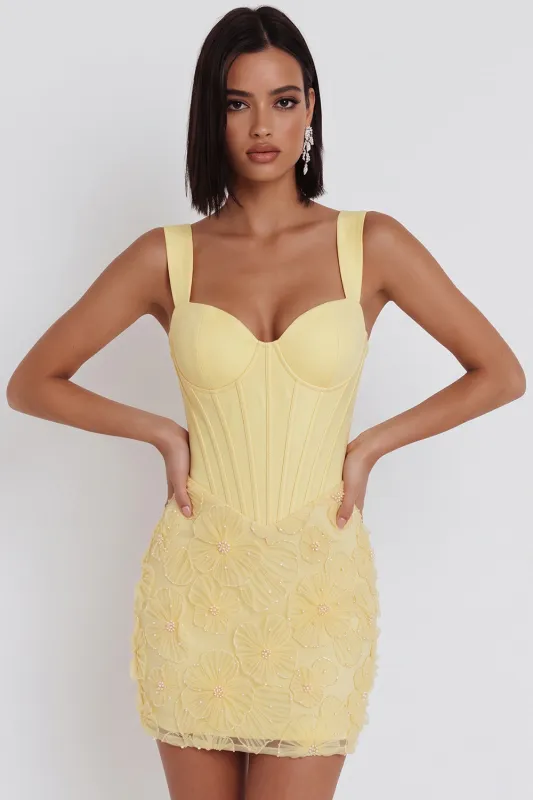 Light Yellow Corset Pearls Floral Appliques Thick Straps Bodycon Short Homecoming Dress made by Zapaka