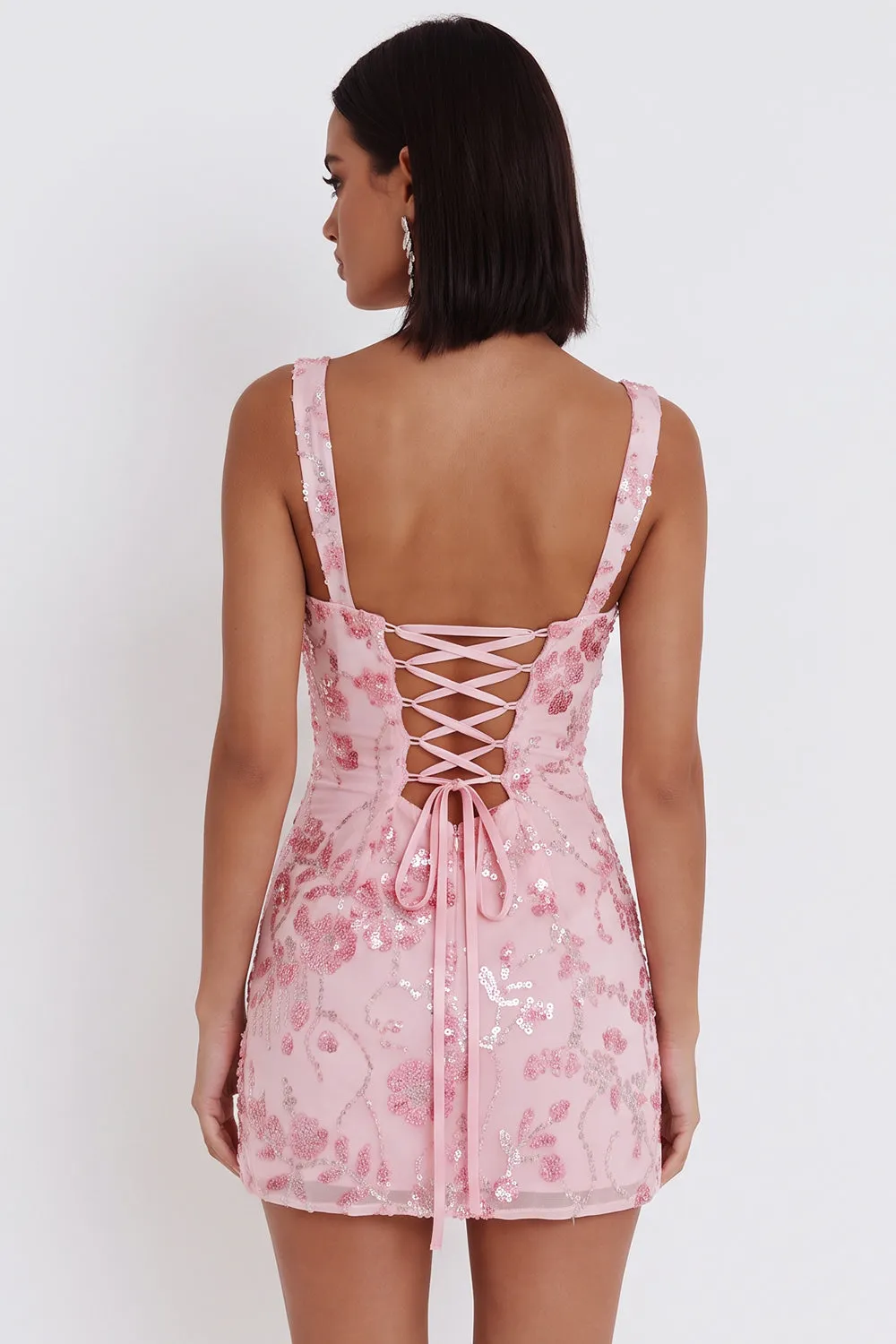 Sparkly Pink Sequins Corset Thick Straps Short Homecoming Dress with Bow sold by Zapaka product image thumbnail 2