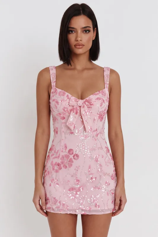 Sparkly Pink Sequins Corset Thick Straps Short Homecoming Dress with Bow made by Zapaka
