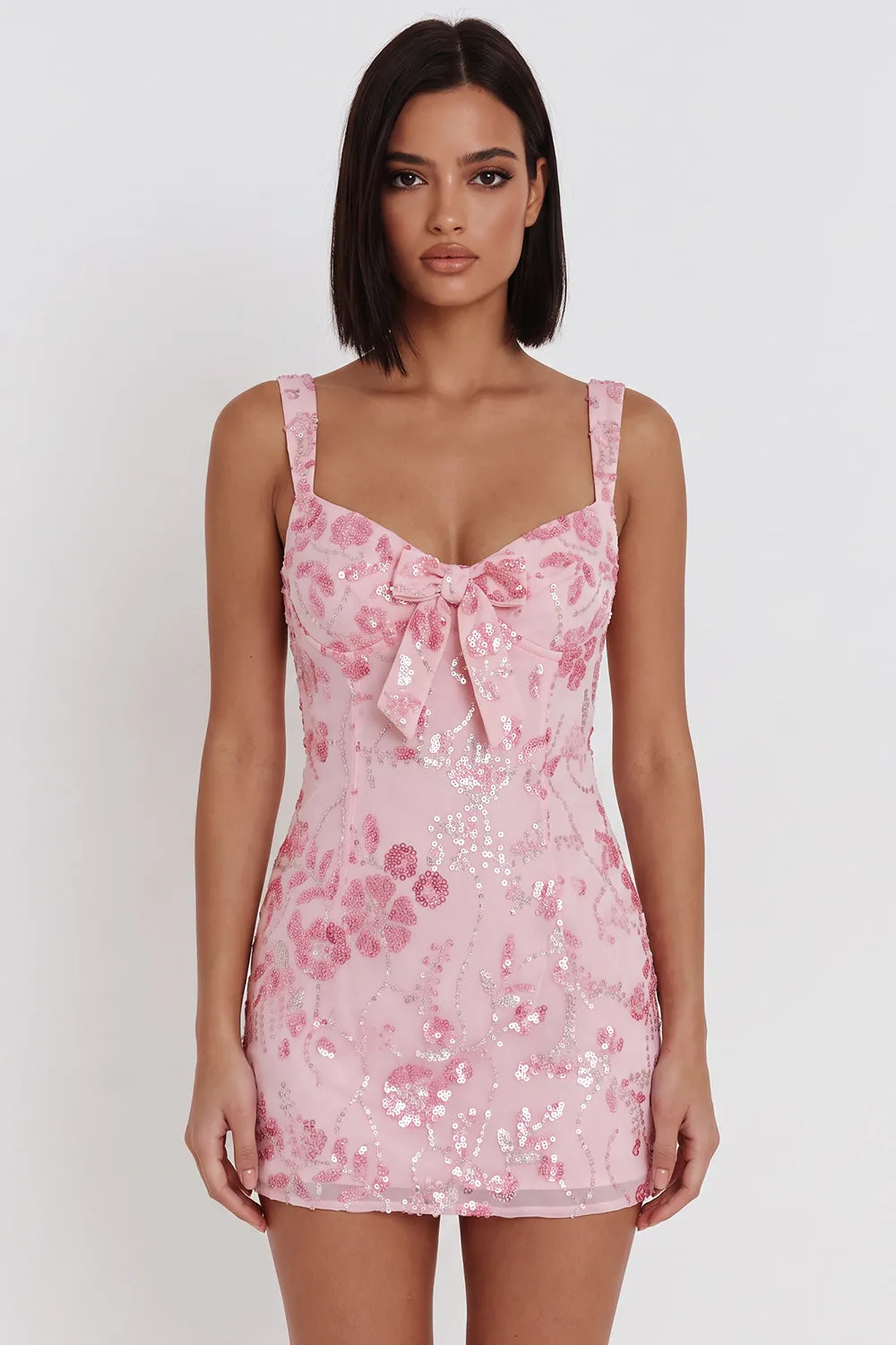 Sparkly Pink Sequins Corset Thick Straps Short Homecoming Dress with Bow sold by Zapaka