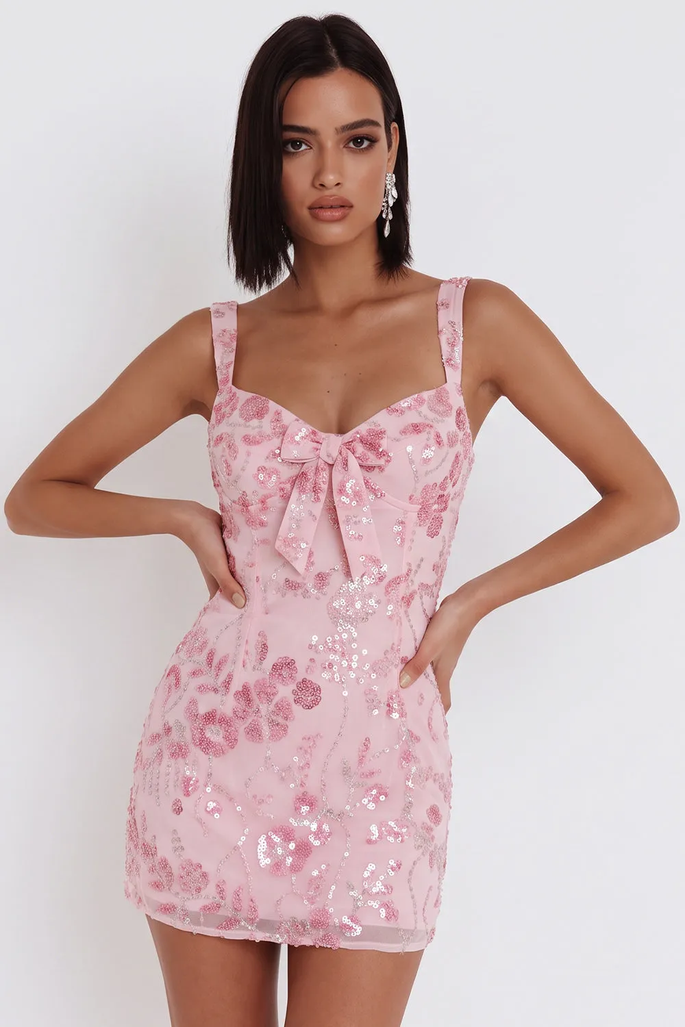 Sparkly Pink Sequins Corset Thick Straps Short Homecoming Dress with Bow sold by Zapaka product image thumbnail 3