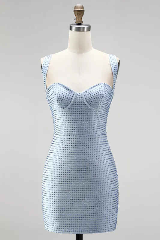 Blue Bodycon Thick Straps Sweetheart Short Homecoming Dress with Beading made by Zapaka