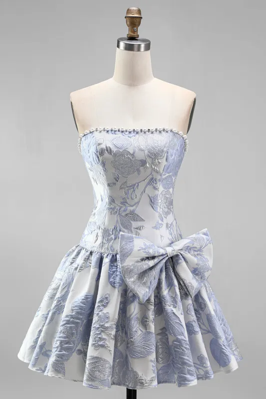 Dusty Blue Jacquard Pearls A-Line Strapless Short Homecoming Dress with Bow made by Zapaka