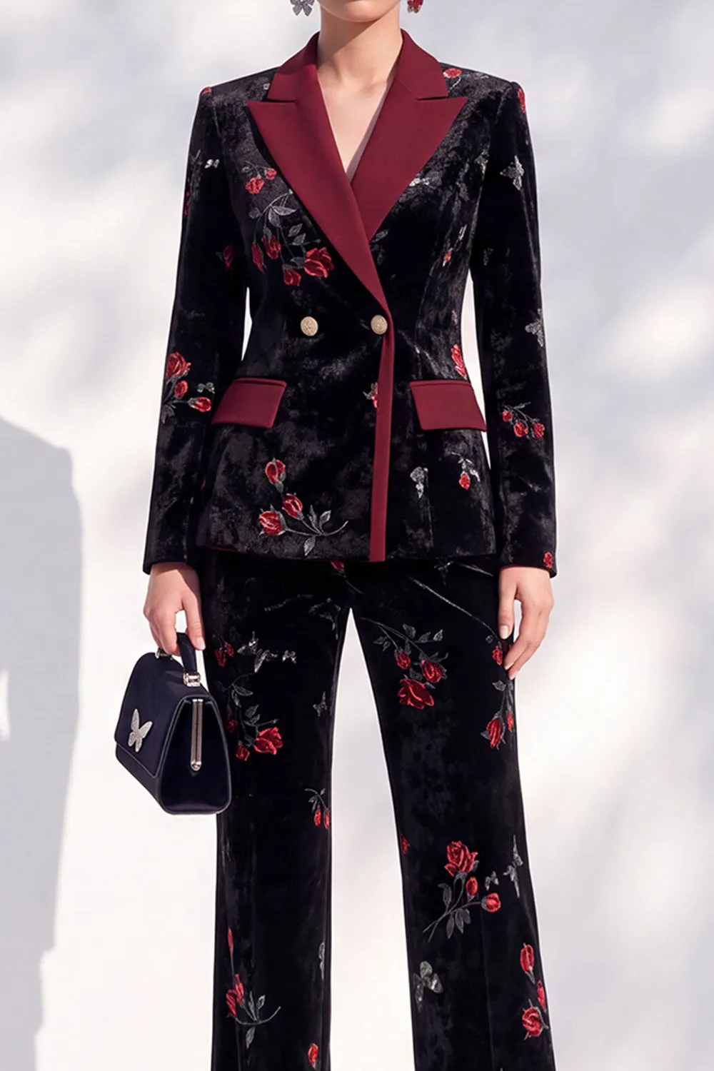 Black Red Flower Velvet Peak Lapel Long Women Suits sold by Zapaka product image thumbnail 3