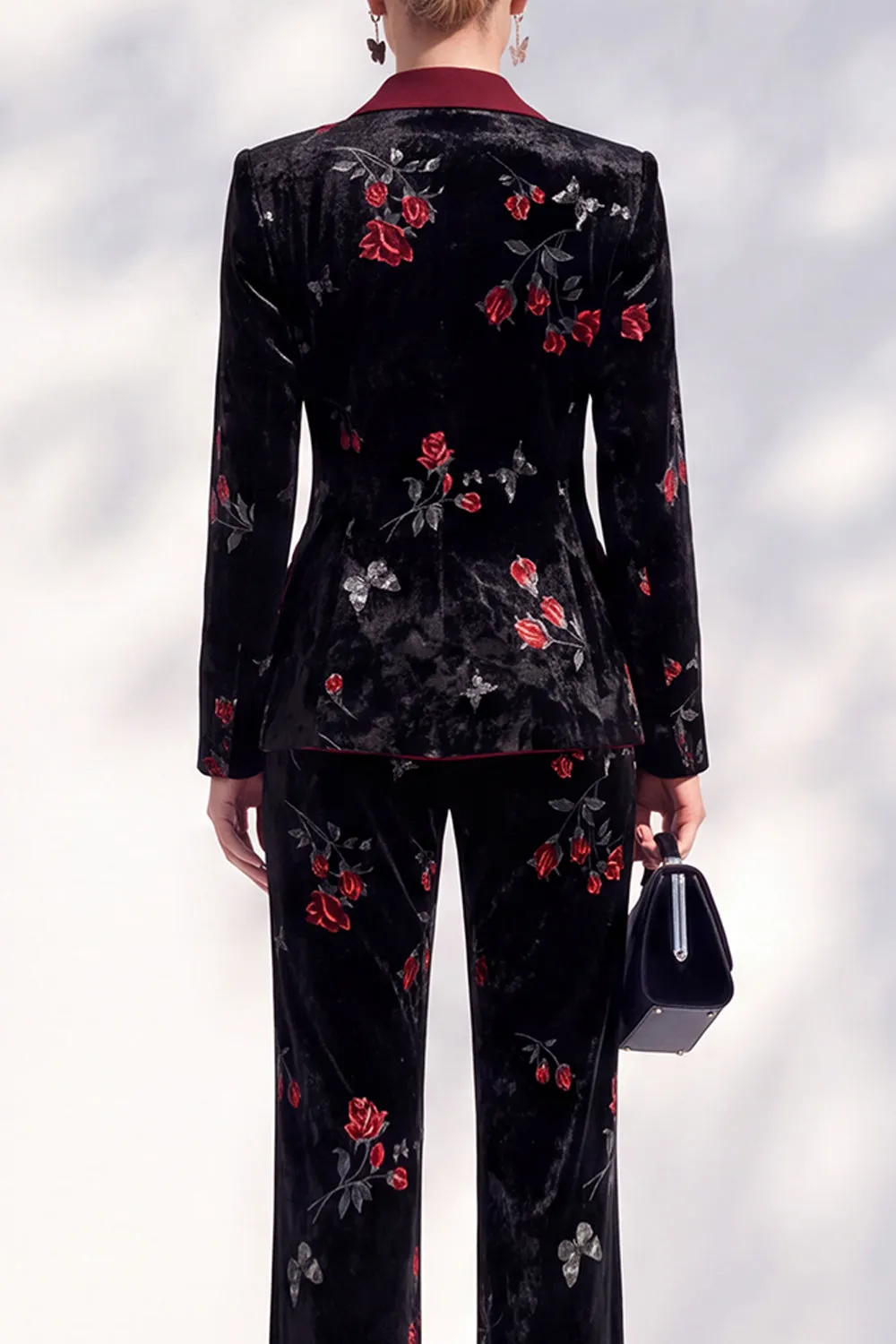 Black Red Flower Velvet Peak Lapel Long Women Suits sold by Zapaka product image thumbnail 4
