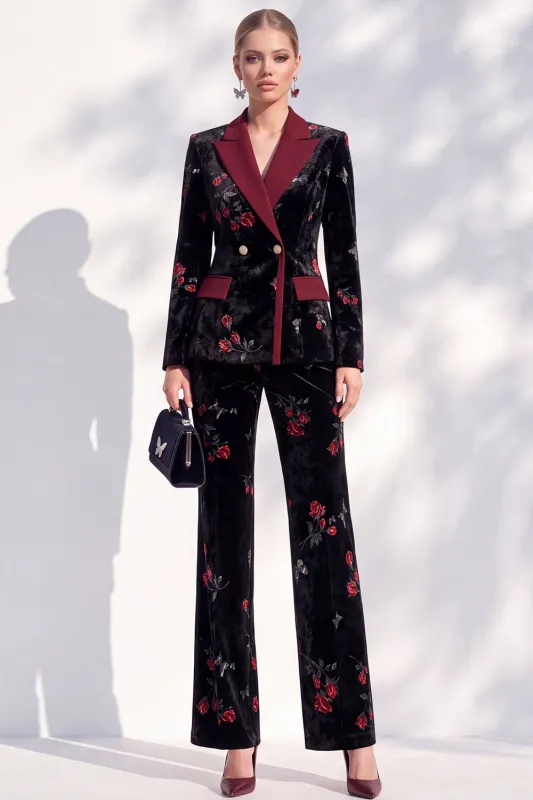 Black Red Flower Velvet Peak Lapel Long Women Suits made by Zapaka