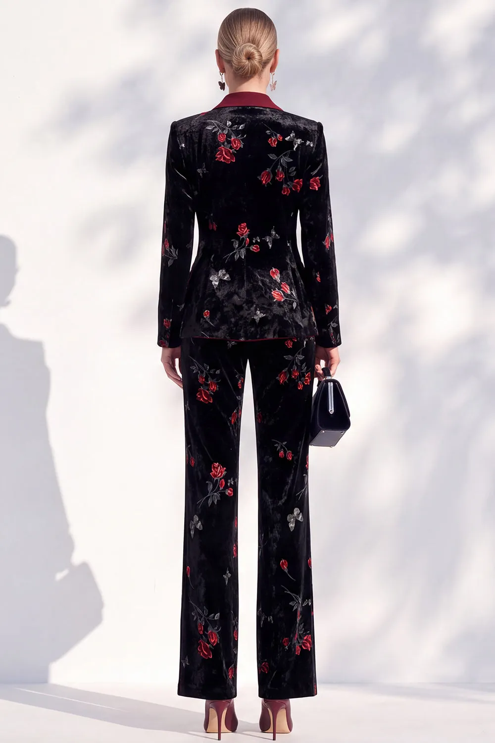Black Red Flower Velvet Peak Lapel Long Women Suits sold by Zapaka product image thumbnail 2