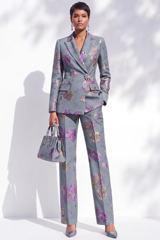 Grey Blue Jacquard Peak Lapel Pantsuits Long Women Suits made by Zapaka