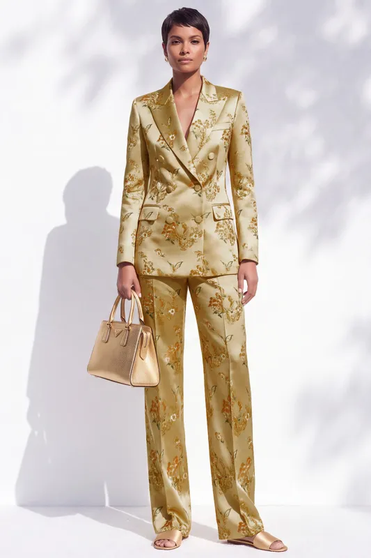 Golden Jacquard Peak Lapel Double Breasted Women Suits made by Zapaka