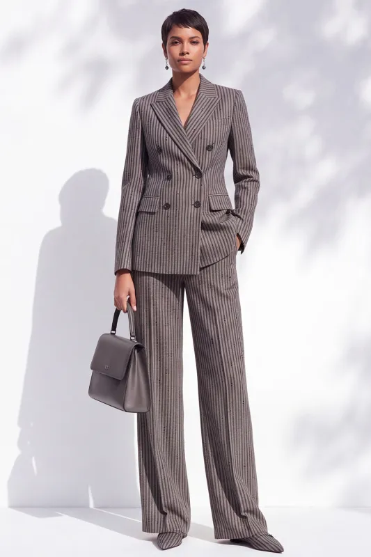 Brown Peak Lapel Pinstripe Double‑Breasted Women Suits with Pockets made by Zapaka