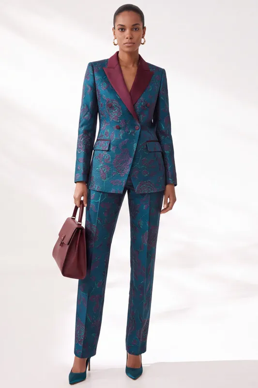 Dark Blue Jacquard Peak Lapel Double‑Breasted Women Suits made by Zapaka