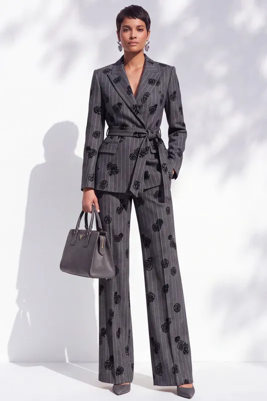 Dark Grey Floral Printed Peak Lapel 2 Piece Women Suits with Belt made by Zapaka