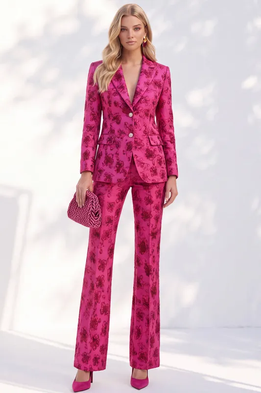 Fuchsia Jacquard Notched Lapel Single Breasted Women Suits made by Zapaka