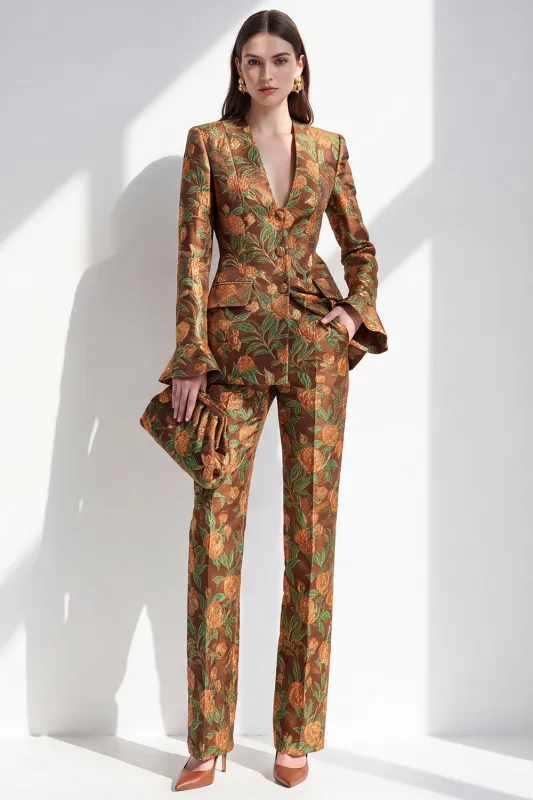 Brown Jacquard V-neck Flare Sleeves 2 Piece Single‑Breasted Women Suits with Pockets made by Zapaka